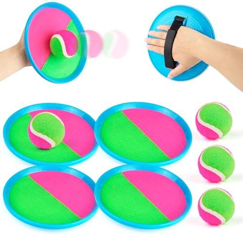 Toss and Catch Ball Set for Kids and Families with 4 Paddles and 4 Soft Balls, Hook and Loop Catch Game for Garden Games, Beach Toys, Outdoor Activities and Camping Fun