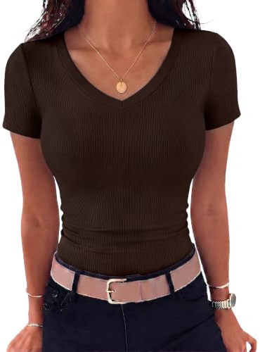 Aottori Tee Shirt Femme Col V Manches Courtes Côtelée Moulant Élastique Été | Top Femme Basique, Chic Et Élégant, Confortable Léger, Doux Respirant, Décontracté, Quotidien, Bureau, Casual