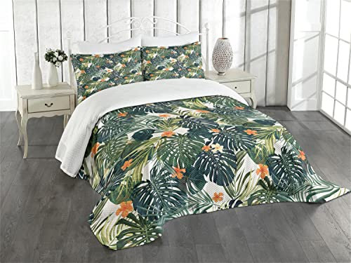 ABAKUHAUS Hawaii Tagesdecke Set, Bunte Polynesien Pflanze, Set mit Kissenbezügen Romantischer Stil, für Doppelbetten 264 x 220 cm, Fern Green Jade Grün Orange