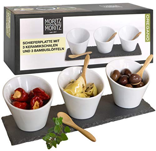 Moritz & Moritz 3x Weiße Dipschalen Set mit Schieferplatte - Dip Schälchen für Snacks - Snack Schalen Set Keramik - Dip Schalen Set - Kleine Schüsseln als Saucenschälchen, Snackschalen, Dessertschalen