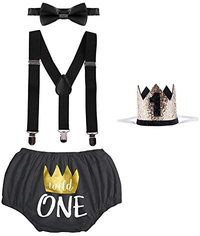 IBTOM CASTLE Infant Newborn Baby Boys Cake Smash Outits Lion Mickey Wild One Crown for 1st 2nd Birthday Dress Up Party Costume 4PCS Diaper Cover Bowtie Suspenders Headbands Black-Wid One 12-18 Months