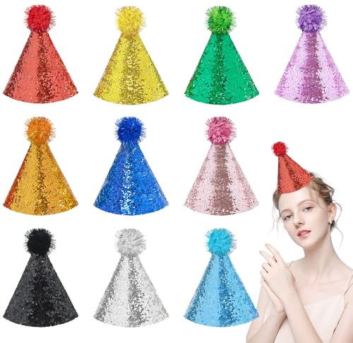 Pai Sence Large Party Hats for Adults Glitter Party Hats with Pom Poms Reusable Birthday Decorations L 10 Pcs
