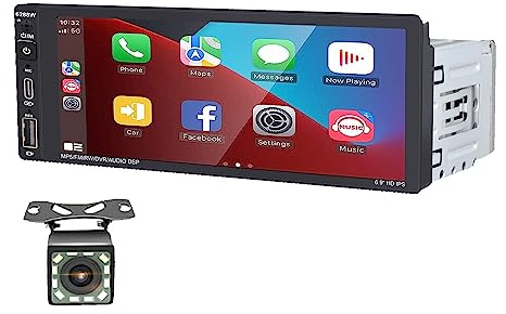 1 Din bilstereo med trådlös CarPlay Android Auto 6,9 pekskärm Bluetooth bilradio med 12LED bakre kamerastöd FM AM RDS Radio Spegellänk USB Typ C Röststyrning Strömavbrott Minne