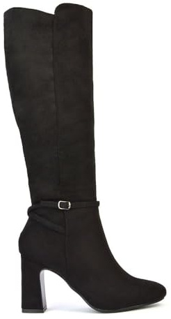 ESSEX GLAM Womens Heeled Boots Ladies Knee High Block Heel Smart Zip Black Faux Suede Winter Smart Long Booties Shoes Size 4