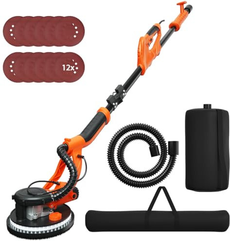 SOARS - Lijadora de jirafa, 750 W, Ø250 mm, 6 velocidades ajustables, 800-1750 rpm, mango telescópico y luz LED, bolsa para polvo, 12 hojas abrasivas, bolsa incluida, jirafa lijadora para pared, techo