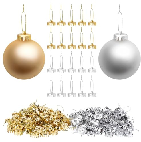 WEBEEDY 200 PCS Round Christmas Ornament Caps Replacement 2cm/0.79 Inch Plastic Caps with Rope for Christmas Tree Party Decorations DIY Crafts (Gold, Silver)