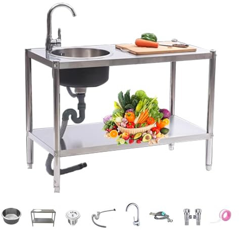 Utomhus diskbänk i rostfritt stål Kommersiell diskbänk Handfat Fristående Portabel campingdisk med arbetsbänk och förvaringshyllor för tvätt Trädgård Garage Kommersiell restaurang