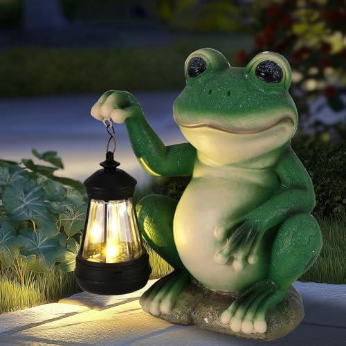 GEOKILO Solar-Gartenstatuen, Dekoration, Outdoor, Frosch-Figuren mit LED-Licht, Terrassen-Harz-Gartendekoration, einzigartige Geburtstags-Hauseinweihungsgeschenke für Frauen, Mutter, Vater