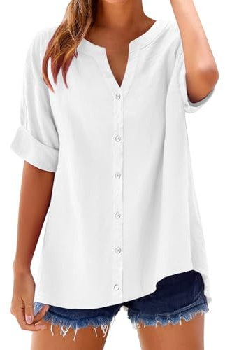Dam linneblus bomull V-ringning elegant överdimensionerad bomullströjor avslappnad bekväm sommar vår andningsbar blus vintage enfärgad tröja t-shirt arbete kontor mode blus