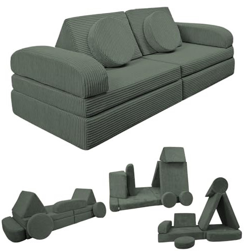 Izabell® Modulares Kindersofa und Spielsofa – Kreatives Sofa aus Weichem Cordstoff mit Wasserfesten Schutzbezügen, Perfekt zum Spielen und als Bett für Kinder (grün)