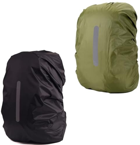 DIELOVEHUA 2 Pezzi Copri Zaino per Pioggia, Copri per Pioggia di Zaino con Strisce Riflettenti, Antipolvere, Resistente all'Usura, per Outdoor Escursionismo Campeggio Ciclismo, XS 15L-25L, Nero＋Verde