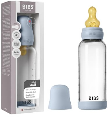 BIBS Baby Glass Bottle. 240ml. Anti-Colic. Vented Round Natural Rubber Latex Teat. Supports Natural Breastfeeding, Medium Flow, Complete Set - 240 ml, Baby Blue