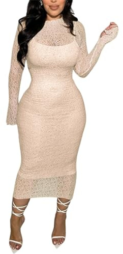CALEBGAR Women's Elegant Bodycon Midi Dress Lace Sheer Mesh Long Sleeve Slim Fit Long Dress Party Cocktail Wedding Guest Dress Beige