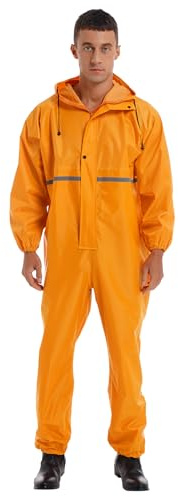 renvena Men Work Overalls Waterproof Reflective Strip Jumpsuit Long Sleeve Hooded Raincoat Zipper Coveralls Yellow XL