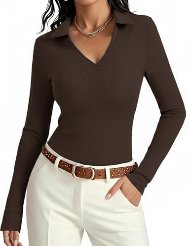 Aottori Maglia Donna Manica Lunga Poloshirt Scollo a V Slim Fit | Maglietta, Aderente, Basic Top, Costine, Elegante, Elasticizzato, Tinta Unita Casual, Business