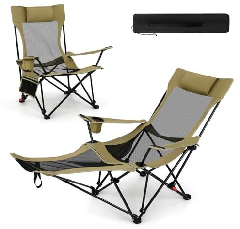 GOPLUS Chaise Longue de Camping avec Repose-Pieds Détachable, Chaise Plage Pliante avec Dossier 4 Positions, Ultra Leger, Coussin Amovible, Porte-gobelet, Pochette Rangement, Charge 150 kg (Vert)