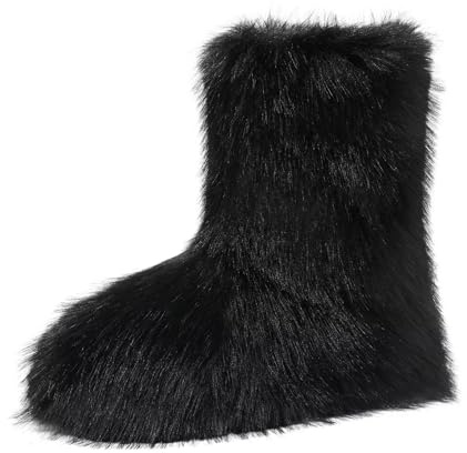 Haifago Women's Faux Fur Boots Furry Fluffy Mid-Calf Winter Snow Boot, Fashion Fuzzy Round Toe Warm Booties for Shopping Travel