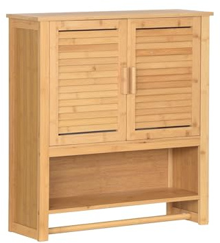 AD.CON Armario colgante de bambú para cuarto de baño, armario de pared con 2 puertas, toallero y estante, armario de baño con estantes, ahorra espacio, 66 x 62 x 20 cm, natural