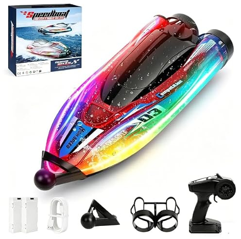 FORMIZON Bateau Télécommandé 25 km/h, Bateau RC avec Lumière LED pour Piscine et Lacs, 2,4GHZ Speedboat de Course RC avec Anti-Enchevêtrement à l’Arrière, Boat Jouet Piscine pour Enfants (Rouge)