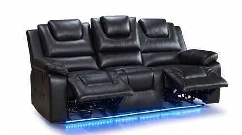 Oxford Leather Electric Recliner Sofa with Cupholders – 3+2 Seater – Leather Sofa – USB Charging Ports – LED Lights (3 Seater, Black)