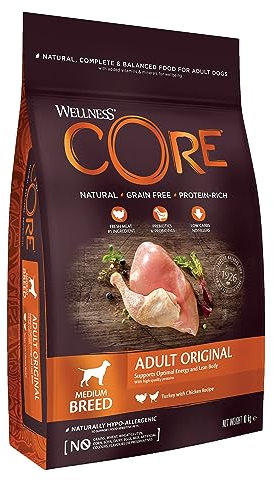Wellness CORE Original, Hundefutter trocken für ausgewachsene Hunde, Pute & Huhn, 10 kg, ohne Zuckerzusatz, getreidefrei, mit hohem Fleischanteil, fördert optimale Energie