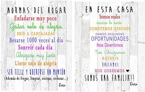 Dcine Set 2 Cuadros Decorativos Frases positivas/Normas del hogar /19 cm x 25 cm x 4 mm unid. /Lámina sobreMadera