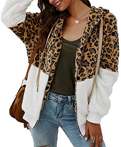 ABINGOO Cappotto Donna Casual Felpa con Cappuccio Giacca Leopardo Invernale Cerniera Giacche e Cappotti Vello Caldo Hoodies Outwear,Bianco,2XL