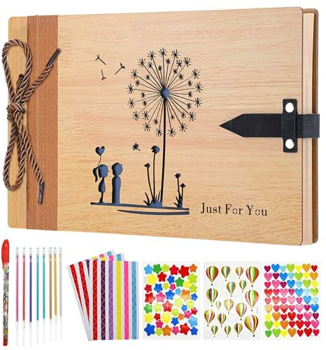 ZEEYUAN Vintage Wooden Photo Album, Love Scrapbook, with 6 Stickers, 8 Color Pens, 11.4 x 7.4 inch, 40 Sheets