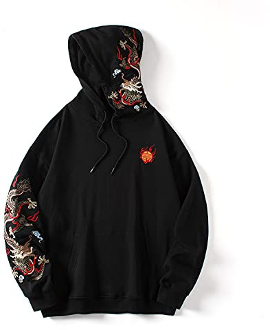 Niepce Inc Herren Streetwear Drachenstickerei, Schwere Grafik Kapuzenpullover, Black-Dragon, XL