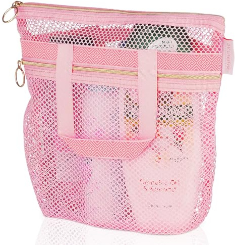 DV Lifestyle Mesh Shower Bag 25 x 26cm Caddy with Zipper & 2 Pockets. Quick-Dry Portable Toiletry Tote for Bathroom, Gym, Travel, Camp, Beach, for Sunscreen, Dorm & College Essentials (Pink)