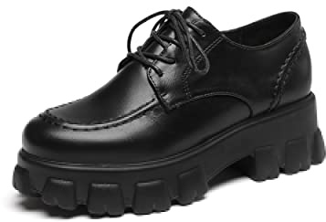 JIEEME Femmes Mocassins Chaussures Plateforme Talon Moyen Escarpins à Lacets Bout Rond pour Femmes zc22-09s, Noir , 37 EU