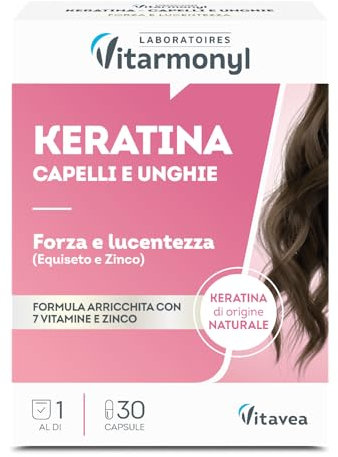 Keratina Capelli e Unghie - Cheratina - Integratori per Capelli - Forza e Lucentezza - Con 7 Vitamine e Zinco - 30 Capsule - Vitarmonyl
