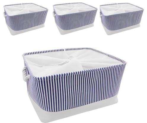 Mangata Collapsible Storage Box, Fabric Storage Basket with Handles | Soft & Durable, for Shelf, Closet, Wardrobe, Extra Large, 45x35x24cm, Blue Stripe, 4 Pack