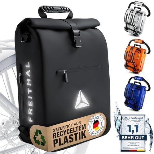 FREITHAL - 3in1 Fahrradtasche Rucksack [25L] Verwendbar als Gepäckträgertasche, Rucksack & Umhängetasche - 100% wasserdichte & Reflektierende Fahrradtasche - Mit 16 Laptopfach - Schwarz