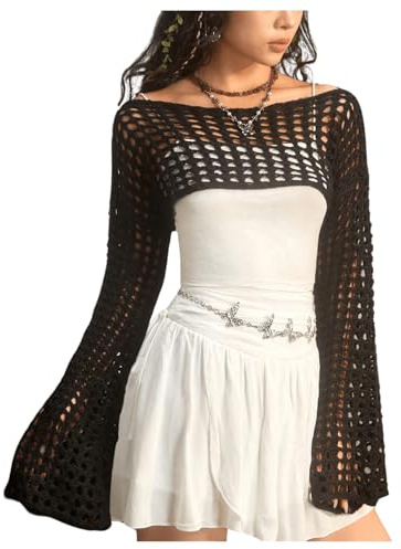 SHENHE Women's Crochet Shrug Hollow Knit Bolero Shrugs Sweater Crop Top Y2K Crochet Coverups Top Black Medium