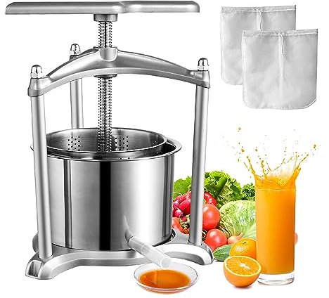 VEVOR Pressoir à Fruits Manuel 5 L Pressoir à Vin en Inox Base en Aluminium Presse-Fruits Manuel Baril Intérieur 18 x 15 cm Broyeur de Fruits Légumes pour Pressage de Vins Jus de Fruit Cidres Purées