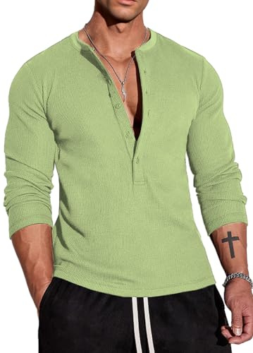 Muscle Cmdr Chemises Henley Waffle pour Hommes,Henley T-Shirt à Manches Courte & Longues Bouton Col Tunisien Slim Fit pour Homme