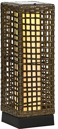 Outsunny Linterna de Jardín de Ratán Sintético Farola Solar con Luces LED Encendido y Apagado Automático para Terraza Balcón Patio 15,5x15,5x46 cm Arena