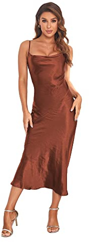 Women's Spaghetti Strap Midi Satin Silk Dresses Slip Cowl Neck Party Cocktail Evening Sexy Dress Brown