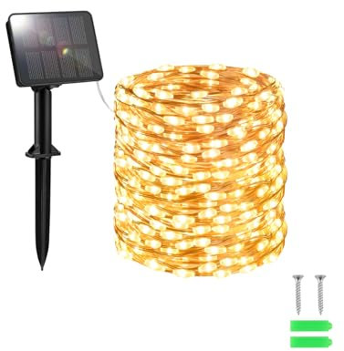 FFZZKJ Catena di luci solari per esterni, 100 LED, 10 m, per esterni, resistente alle intemperie, 8 modalità per decorazione da giardino, terrazza, bianco caldo