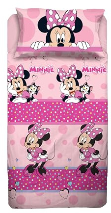 Minnie Mouse, Set Lenzuolo Letto Singolo, Completo Letto Singolo Disney, Lenzuolo Sopra, Lenzuolo Con Angoli, Federa, Rosa,Disney, 100% Cotone, Prodotto Ufficiale