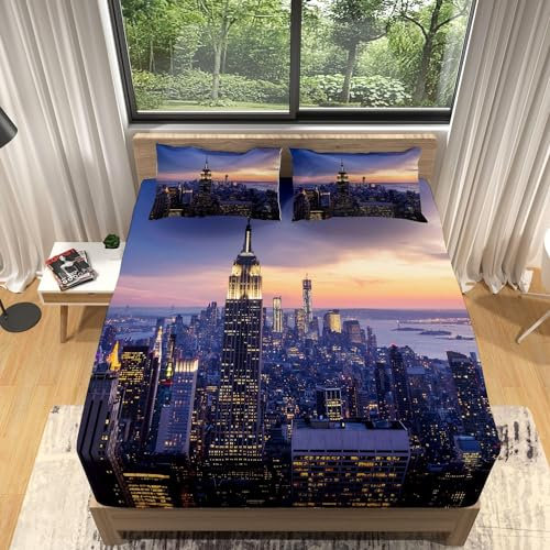3D Spannbettlaken 120x200 New York Bettlaken Weiches Atmungsaktiv Spannbetttücher New York Mikrofaser Spannbetttuch Tiefe Tasche 30 cm Mit 2 Kissenbezügen 80x80 cm ii1107