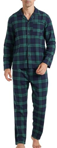 LANBAOSI Conjunto de pijama de dos piezas para hombre, pantalones largos, parte superior, pijama de algodón, polialgodón, manga larga, camiseta y pantalones de pijama a cuadros, verde, XL