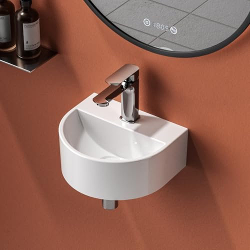 EMKE Wall Mounted Cloakroom Basin Small Bathroom Sink Half Circle Washbasin Ceramic Bathroom Vessel Sink White Corner Sink 30 x 25 x 12 cm (LxWxH)