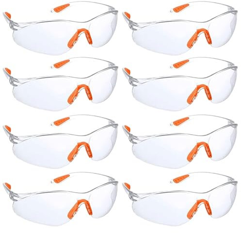Ajuanbazha Lot de 8 Lunettes de Sécurité Transparentes, Lunettes de Protection avec Verres en Plastique, Pont de Nez et Embouts en Caoutchouc, Idéales pour le Travail Laboratoire