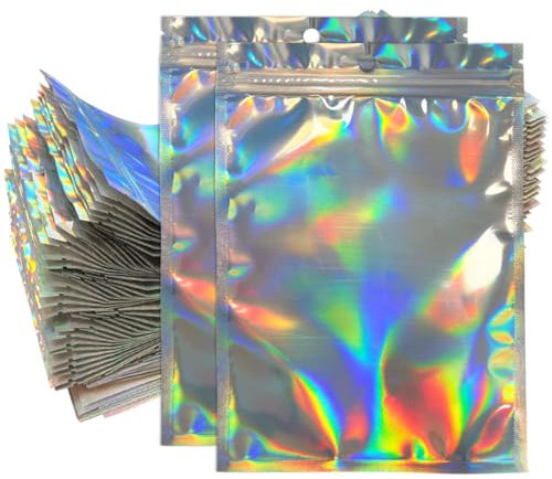 Large Mylar Holographic Bags 100PCS, Grip Foil Ziplock Bags Smell Proof Bag Resealable Sweet Pouches, Resealable Storage Pouches Zip Lock, Grip Seal Bag Clear for Food Storage Gift Jewelry (14 x 20cm)