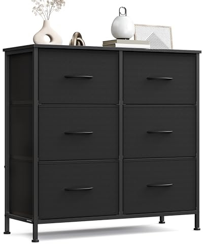 SONGMICS Chest of Drawers, 6 Fabric Drawers Storage Unit, Steel, MDF, Non-Woven Fabric, for Bedroom, Closet, Hallway, Living Room, Ink Black and Ebony Black LGS123BH03