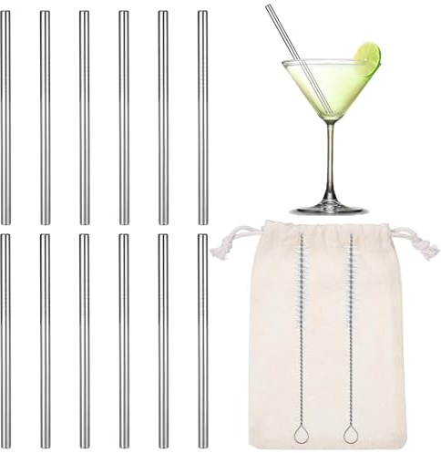 JIEYAO 12 Stück Kurze Strohhalme Edelstahl, Wiederverwendbare Trinkhalme Metall Strohhalm Cocktail Strohhalme mit Bürste für Säfte und Getränke