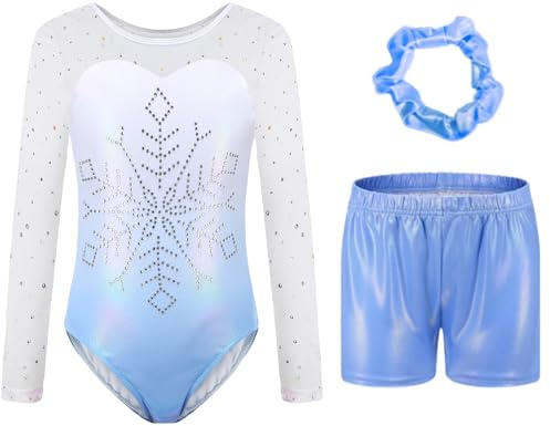 Sinoeem Justaucorps de Gymnastique avec Short et Bandeau pour Filles Trois Pièces Maillots de Gymnastique Manches Longues/sans Manches Ballet Dancewear (Bleu, 5-6 ans)