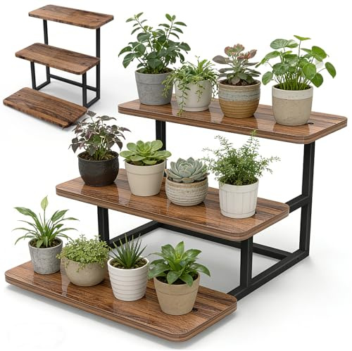IDUNSEED Support Plante en Métal Bois, 3 Étagen Meuble Porte Plante pour Plusieurs Plantes, Support Pot de Fleur le Balcon du Jardin, Salon, Bureau, Intérieure, Extérieur